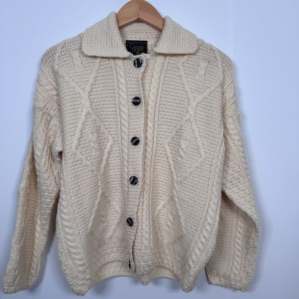 Carraig Donn S Ireland Merino Wool Chunky Knit Cardigan Sweater Cream Fisherman